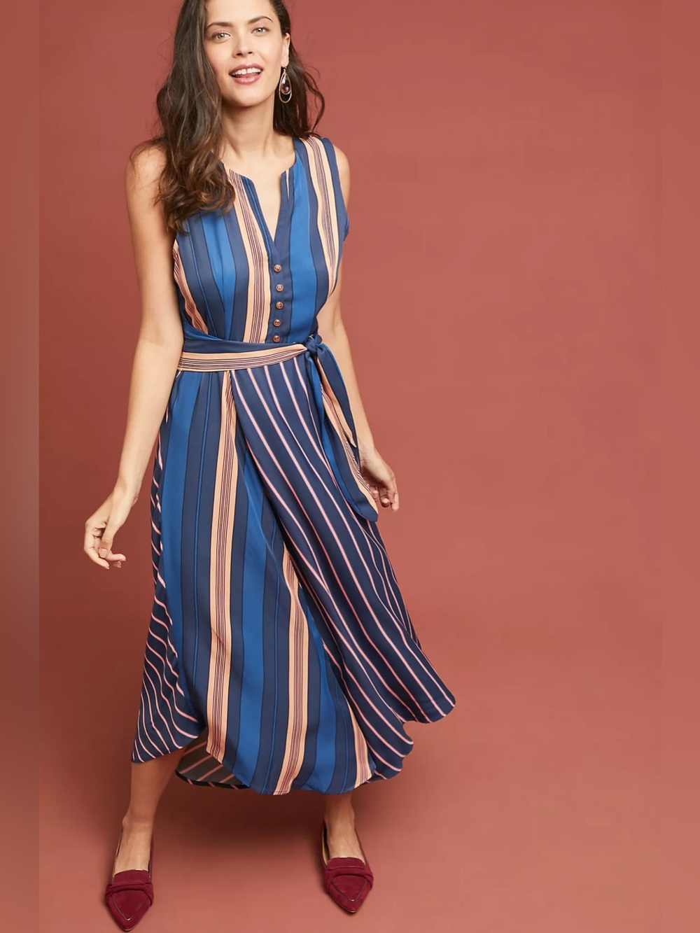 Maeve Navy and Peach Striped Sleeveless Midi Dress